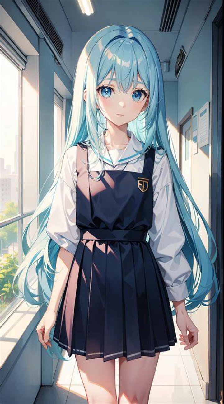 Anime art visual attribute tags like blue hair and school uniform